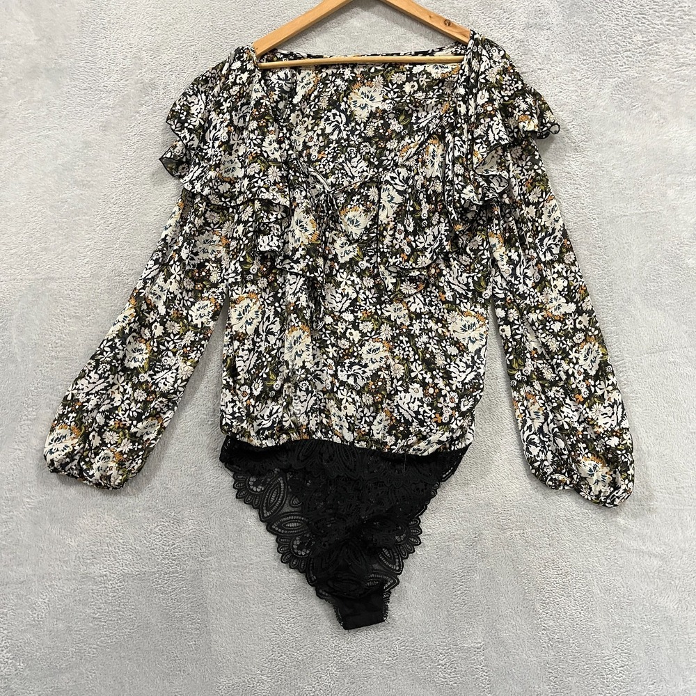 Free People Women's Large Black-Multi Pattern Bodysuit Blouse Preppy Floral Tie